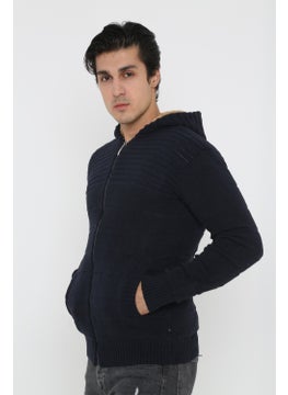 Kmk Men's Navy Blue Fur Lined Hooded Knitted Cardigan  - Image 2