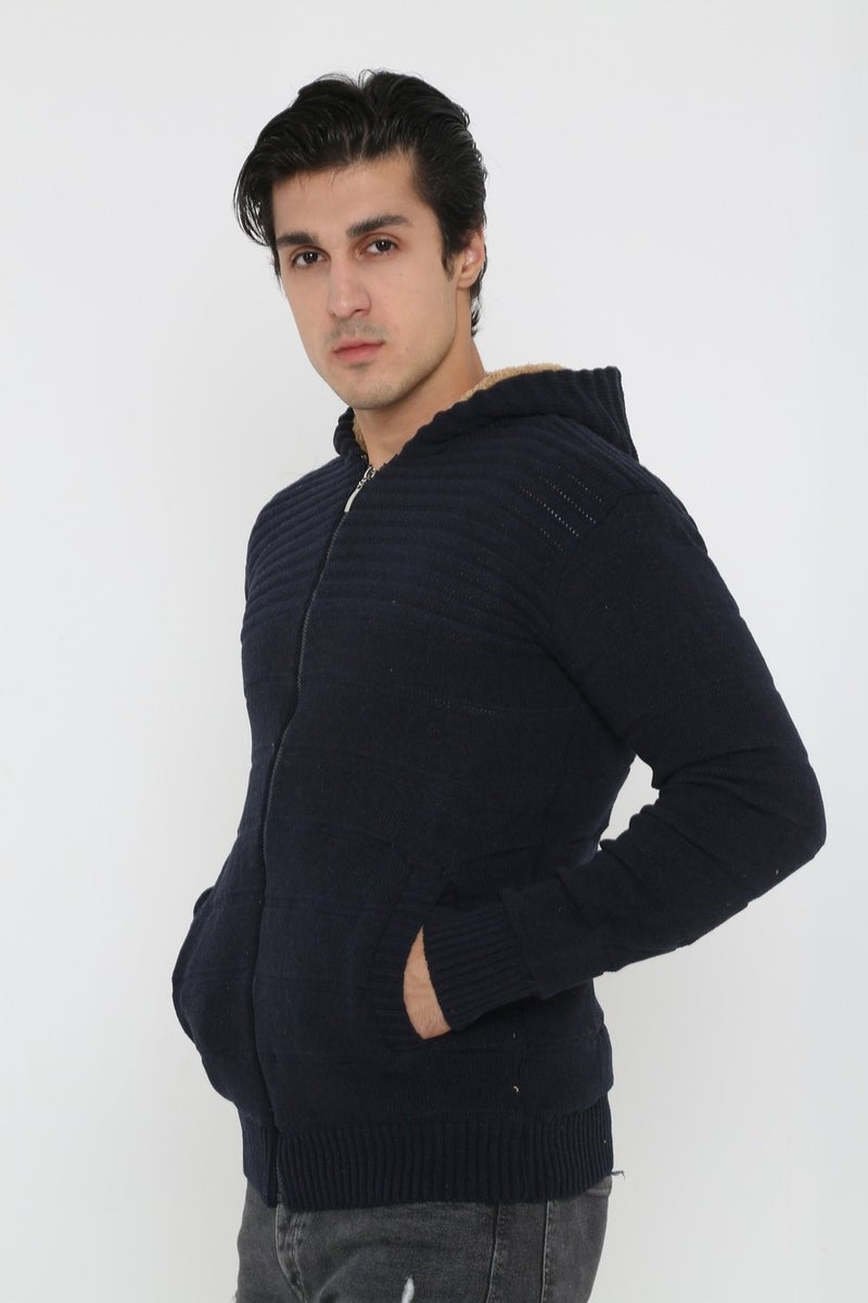 Kmk Men's Navy Blue Fur Lined Hooded Knitted Cardigan  - Image 2