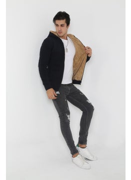 Kmk Men's Navy Blue Fur Lined Hooded Knitted Cardigan  - Image 4