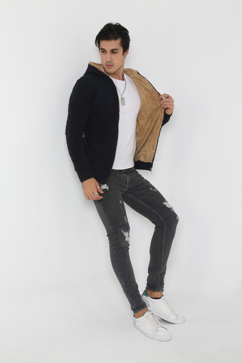 Kmk Men's Navy Blue Fur Lined Hooded Knitted Cardigan  - Image 4