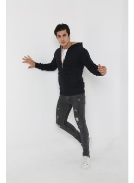 Kmk Men's Navy Blue Fur Lined Hooded Knitted Cardigan  - Image 5