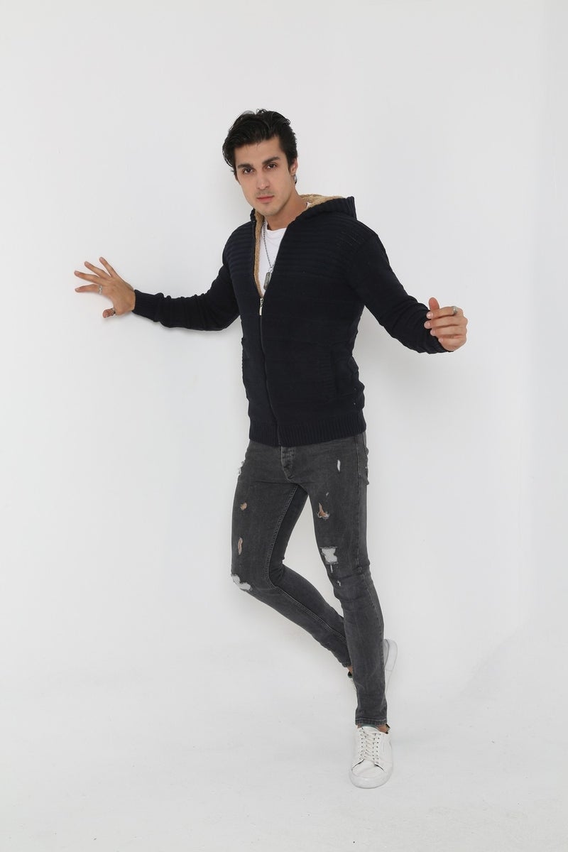 Kmk Men's Navy Blue Fur Lined Hooded Knitted Cardigan  - Image 5