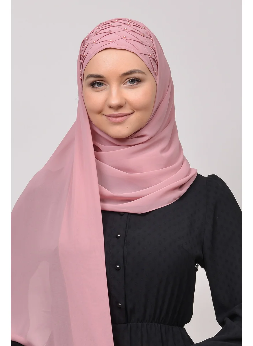 Altobeh Ribbed Beaded Pleated Practical Chiffon Hijab Shawl-Light Pink