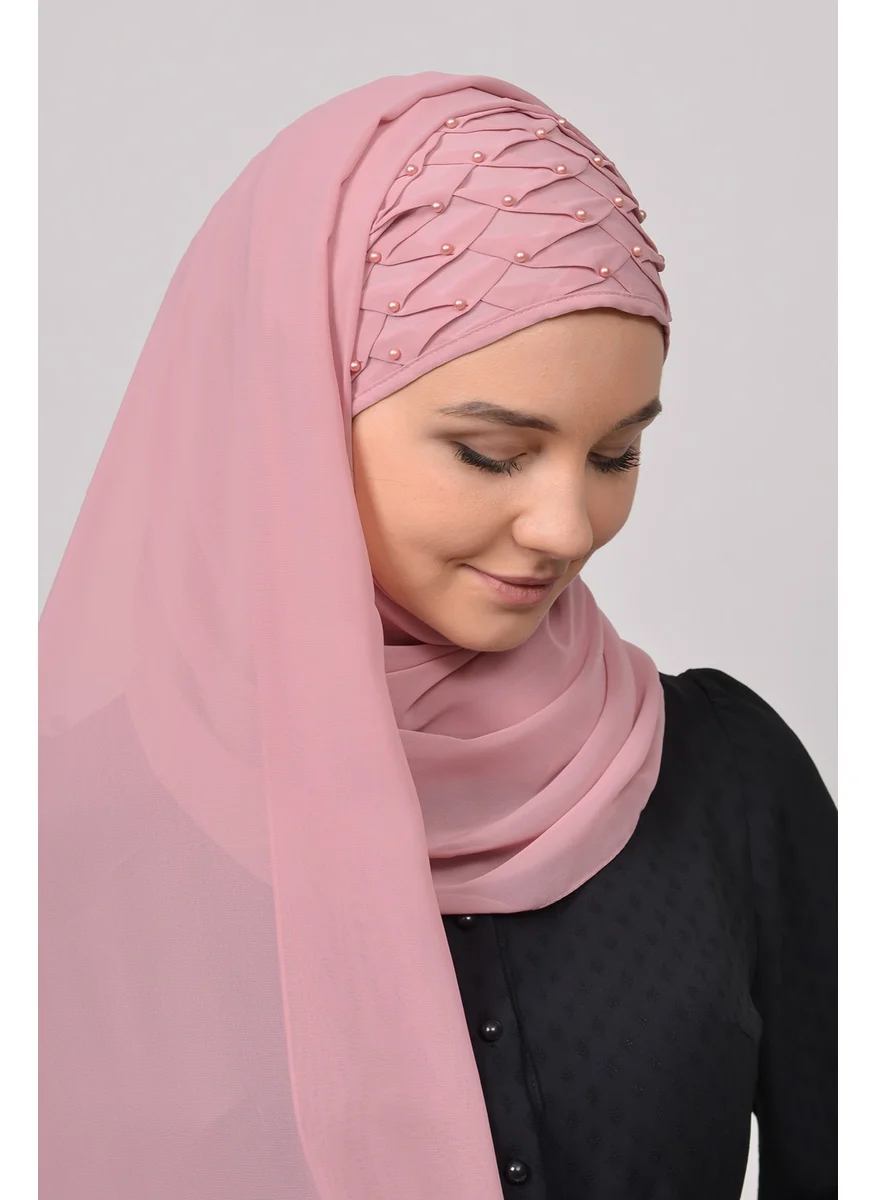 التوبة Ribbed Beaded Pleated Practical Chiffon Hijab Shawl-Light Pink