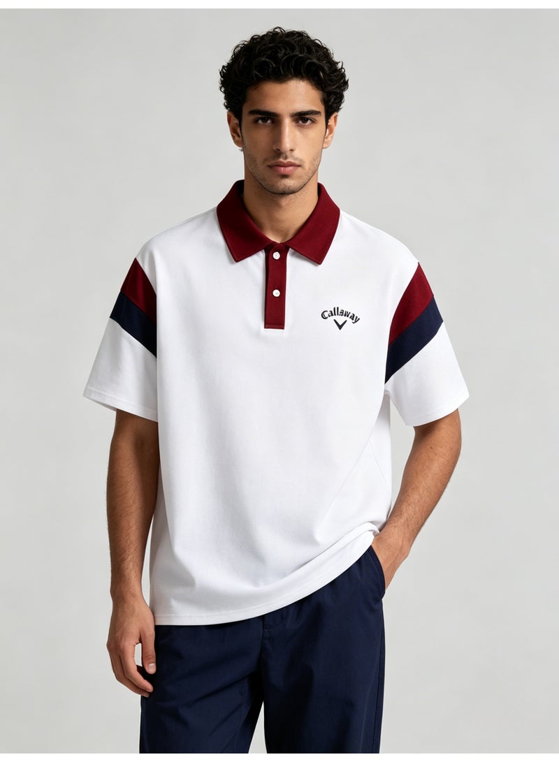 Callaway American retro stitching shoulder five-point Polo shirt with contrasting sleeves loose plus size men's casual golf T-shirt - Image 1