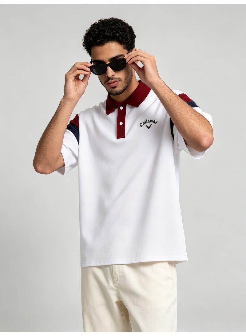 Callaway American retro stitching shoulder five-point Polo shirt with contrasting sleeves loose plus size men's casual golf T-shirt - Image 3