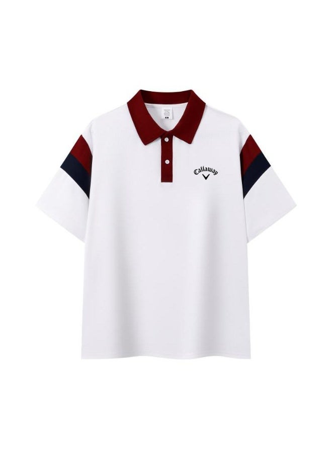 Callaway American retro stitching shoulder five-point Polo shirt with contrasting sleeves loose plus size men's casual golf T-shirt - Image 2