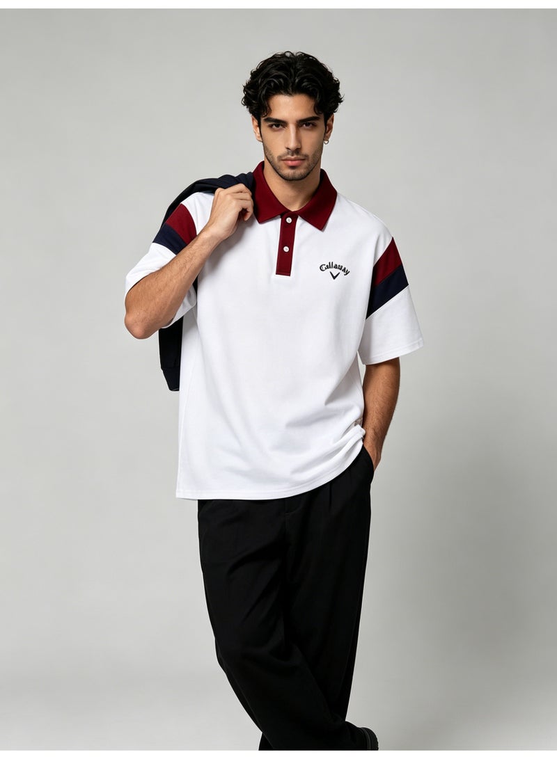 Callaway American retro stitching shoulder five-point Polo shirt with contrasting sleeves loose plus size men's casual golf T-shirt - Image 5