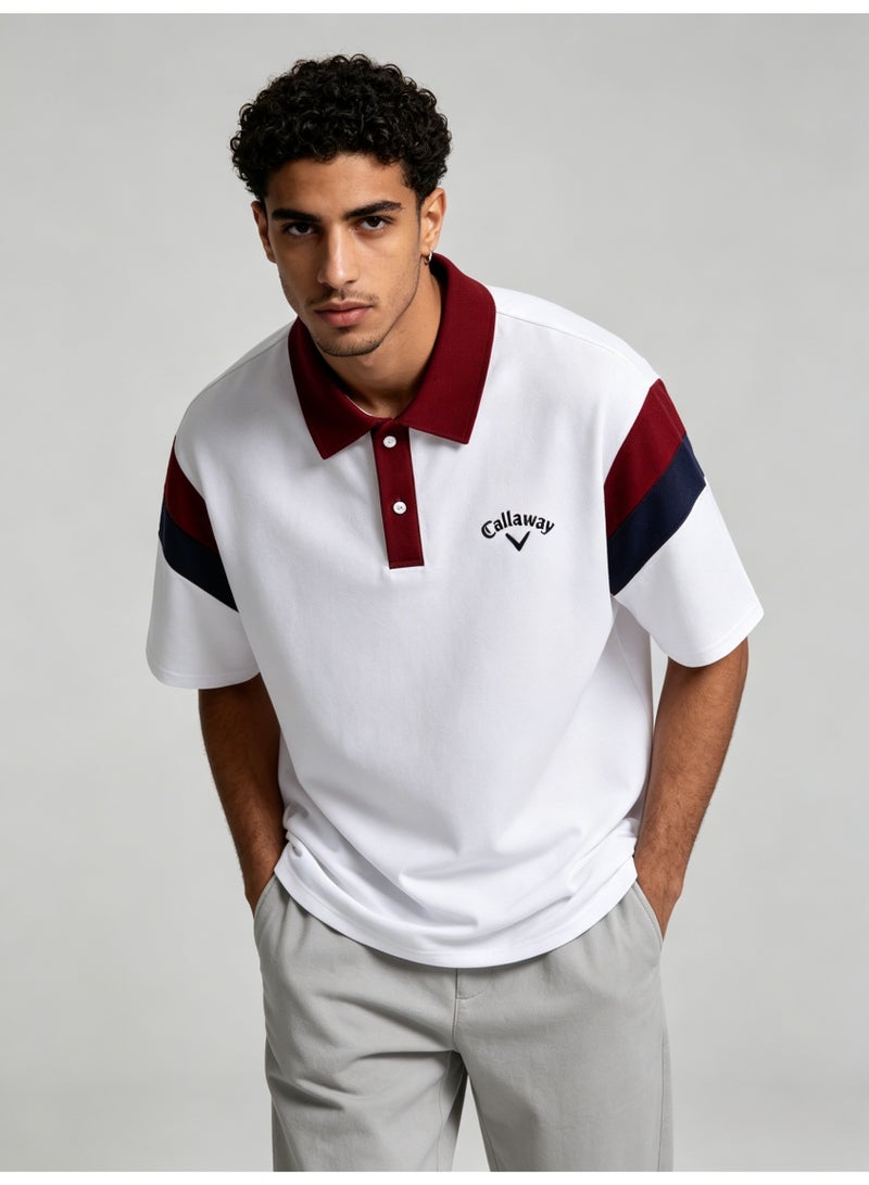Callaway American retro stitching shoulder five-point Polo shirt with contrasting sleeves loose plus size men's casual golf T-shirt - Image 4