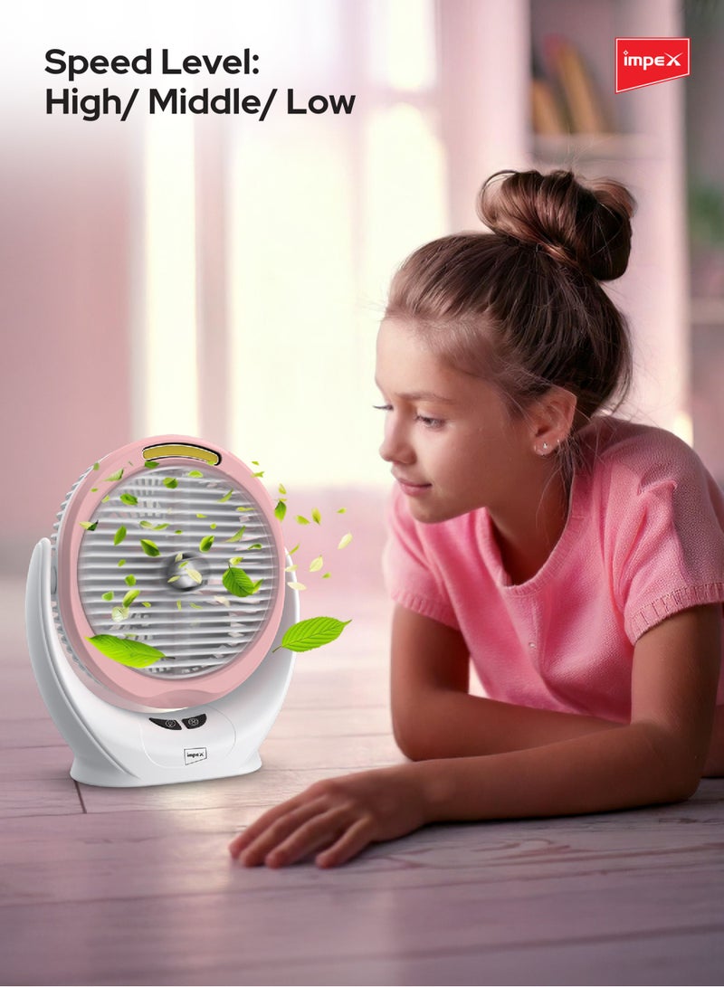Impex 6 Inch Rechargeable Fan with 5W COB Light, 3.7V 2400mAh Li-ion Battery, Manual Rotary Function, Strong Wind Force, Type C Charging Port, 3 Stage Speed Control Breeze D6 Pink - Image 5