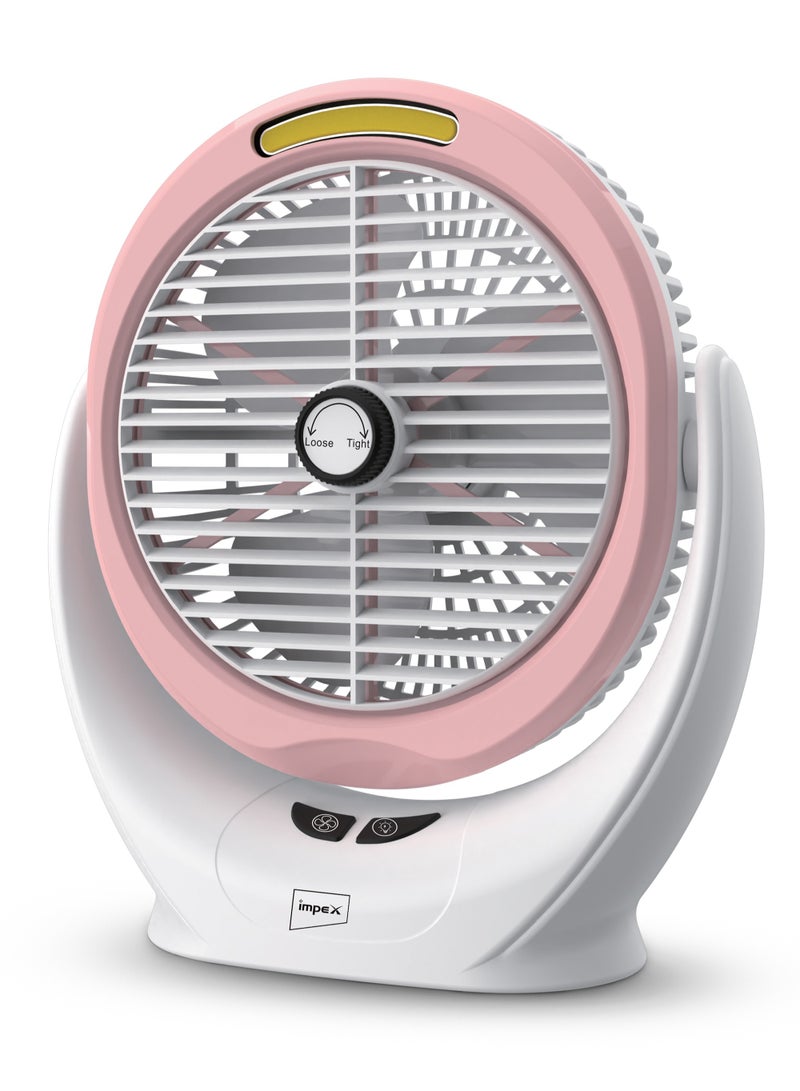 Impex 6 Inch Rechargeable Fan with 5W COB Light, 3.7V 2400mAh Li-ion Battery, Manual Rotary Function, Strong Wind Force, Type C Charging Port, 3 Stage Speed Control Breeze D6 Pink - Image 1
