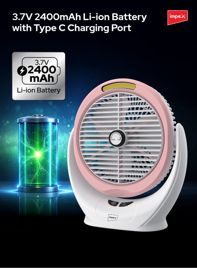 Impex 6 Inch Rechargeable Fan with 5W COB Light, 3.7V 2400mAh Li-ion Battery, Manual Rotary Function, Strong Wind Force, Type C Charging Port, 3 Stage Speed Control Breeze D6 Pink - Image 4