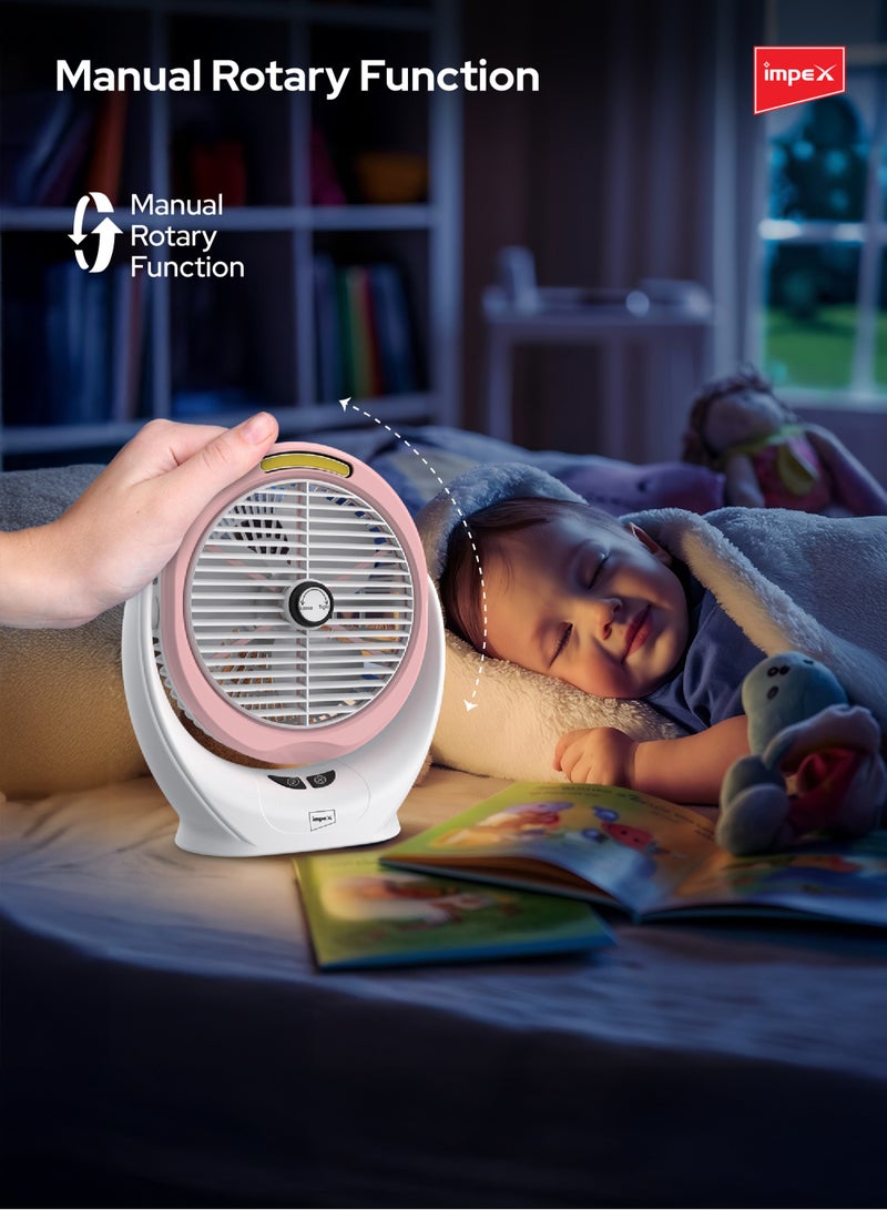 Impex 6 Inch Rechargeable Fan with 5W COB Light, 3.7V 2400mAh Li-ion Battery, Manual Rotary Function, Strong Wind Force, Type C Charging Port, 3 Stage Speed Control Breeze D6 Pink - Image 3