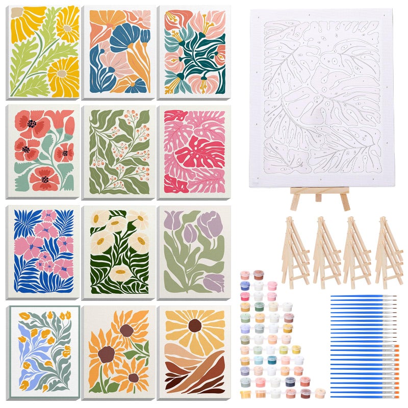 RoundFunny 12 Set Paint by Numbers Kit for Adults Simple Flowers Painting 8x10 Inch with Wooden Frame Easel Acrylic Paints Brushes Watercolor Oil Paint by Number Gifts for Home Wall Decor - Image 1