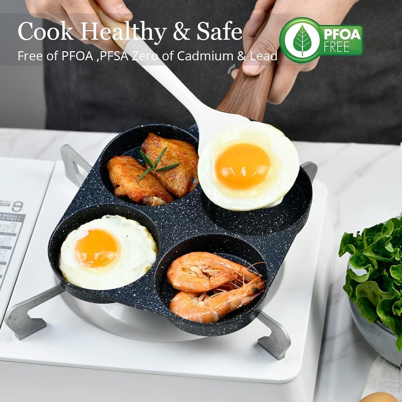 Wrixty Egg Pan Non Stick Pancake Pan 4 Cup Nonstick Egg Frying Pan Granite Mini Egg Cooker Pan for Breakfast Small Egg Skillet Suitable for Gas Stove Induction Top Wood Grain Handle - Image 3