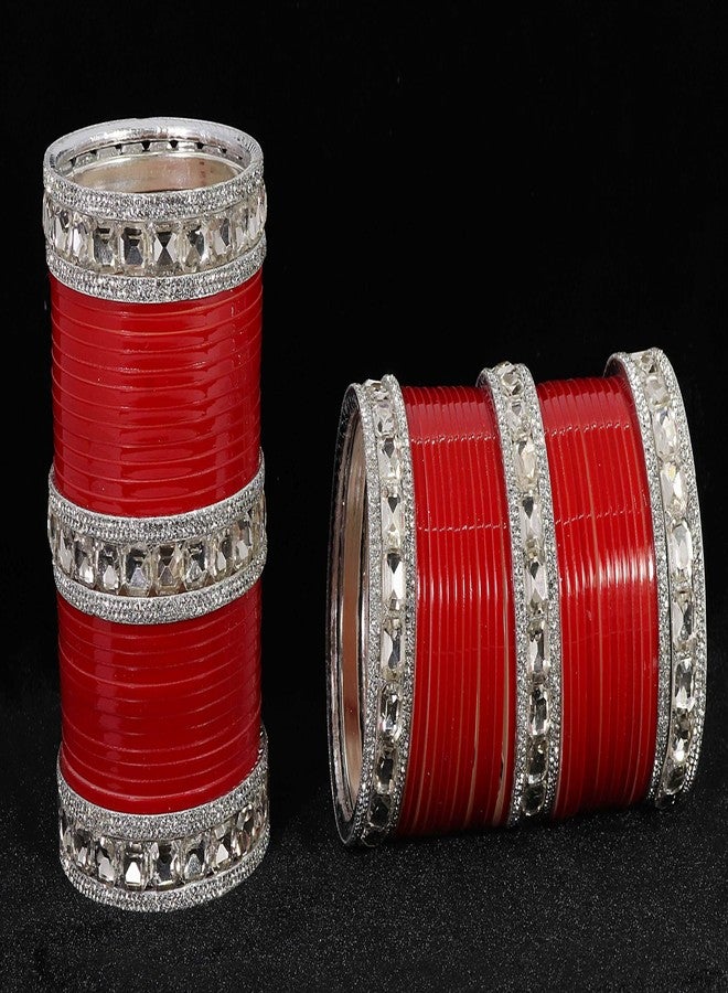 NMII Traditional White Stone Chuda Set For Women & Girls | Red Chuda Set For Women | Chuda Bangles For Wedding | Chura Set For Bridal | Punjabi Chuda Set | AD Diamond Chuda-(Chuda96-Gold Red-2.4) - Image 3
