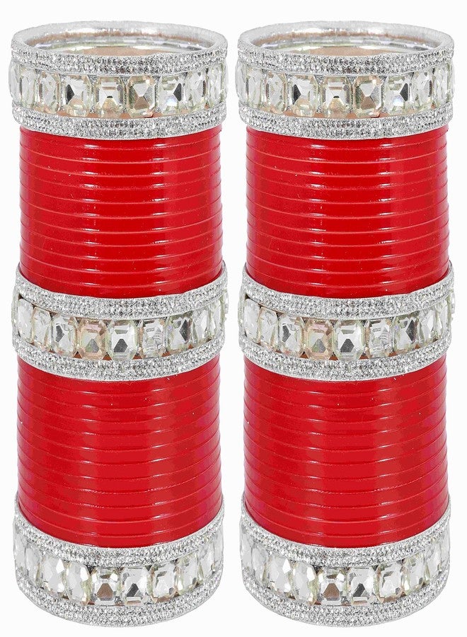 NMII Traditional White Stone Chuda Set For Women & Girls | Red Chuda Set For Women | Chuda Bangles For Wedding | Chura Set For Bridal | Punjabi Chuda Set | AD Diamond Chuda-(Chuda96-Gold Red-2.4) - Image 1