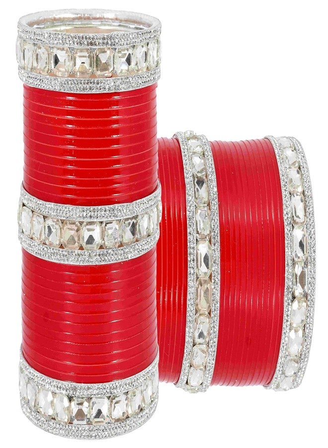 NMII Traditional White Stone Chuda Set For Women & Girls | Red Chuda Set For Women | Chuda Bangles For Wedding | Chura Set For Bridal | Punjabi Chuda Set | AD Diamond Chuda-(Chuda96-Gold Red-2.4) - Image 2