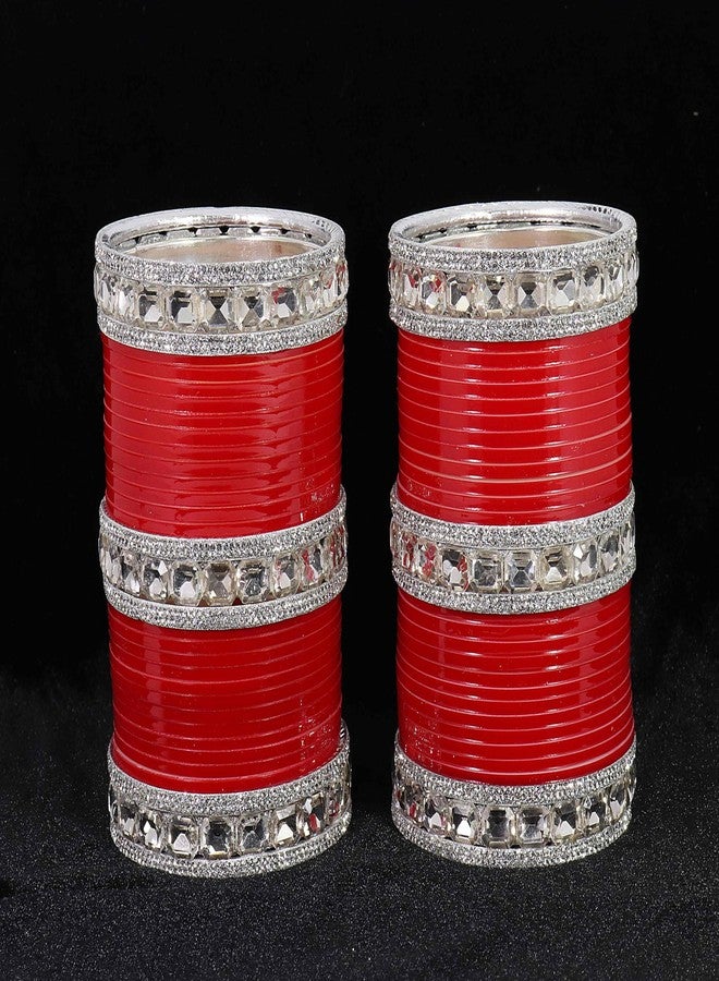 NMII Traditional White Stone Chuda Set For Women & Girls | Red Chuda Set For Women | Chuda Bangles For Wedding | Chura Set For Bridal | Punjabi Chuda Set | AD Diamond Chuda-(Chuda96-Gold Red-2.4) - Image 5