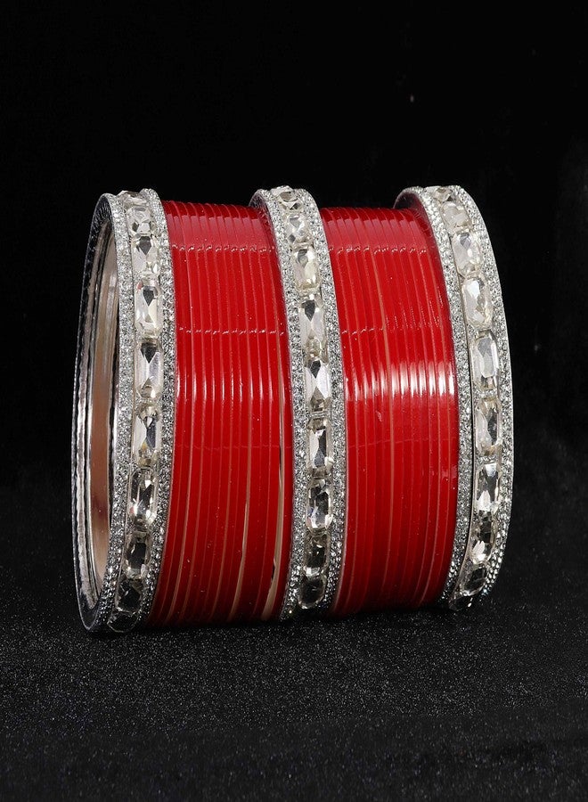 NMII Traditional White Stone Chuda Set For Women & Girls | Red Chuda Set For Women | Chuda Bangles For Wedding | Chura Set For Bridal | Punjabi Chuda Set | AD Diamond Chuda-(Chuda96-Gold Red-2.4) - Image 4