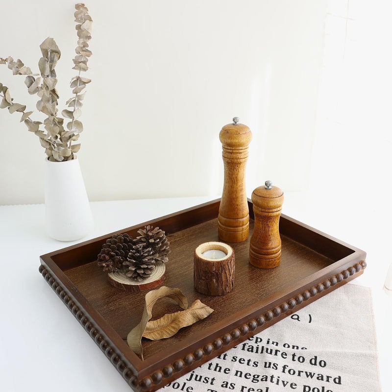 Hrastany Wood Decorative Tray, Distressed Outdoor Serving Tray with Wooden Bead for Ottoman, Coffee Table, Entertaining, Home Decor, Rectangular 15.7â€*11.8â€*1.57â€ (Dark Brown) - Image 5