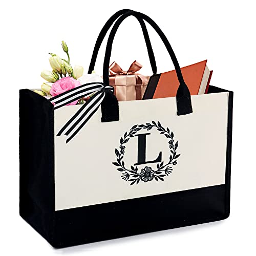 BeeGreen Gifts Bag for Women Canvas tote for Woman Teacher Mothers Friend Personalized Large Baskets for Birthday Beach Work Unique Monogram Initial Bag Cute Cool Tote for Wife Boss Grandma L - Image 1