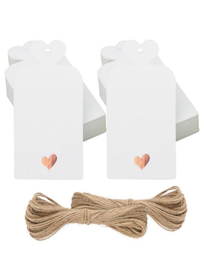 jijAcraft 100Pcs Paper Gift Tags With String Blank White Paper Gift Wrapping Tags White Heart Party Favor Labels Tags With Foil Rose Gold Heart For Wedding Favors Birthday Baby Shower(4"X2")  - Image 1
