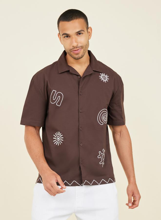 Styli Premium Cotton Slub Camp Collar Embroidered  Relaxed Shirt - Image 2