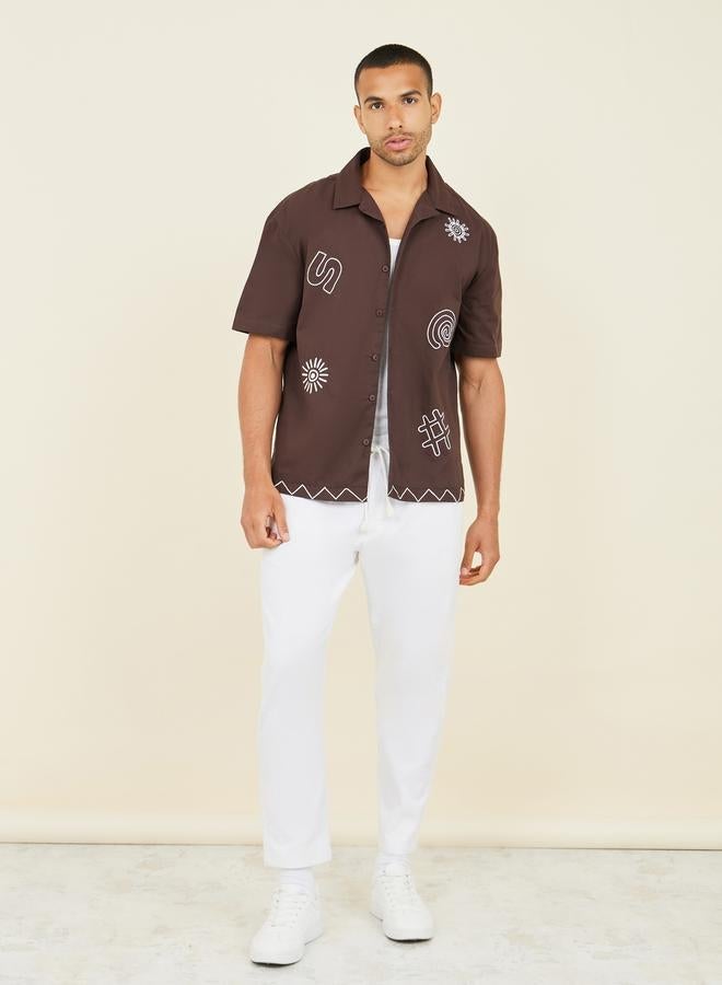 Styli Premium Cotton Slub Camp Collar Embroidered  Relaxed Shirt - Image 3