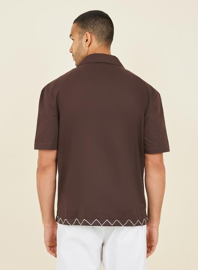 Styli Premium Cotton Slub Camp Collar Embroidered  Relaxed Shirt - Image 5