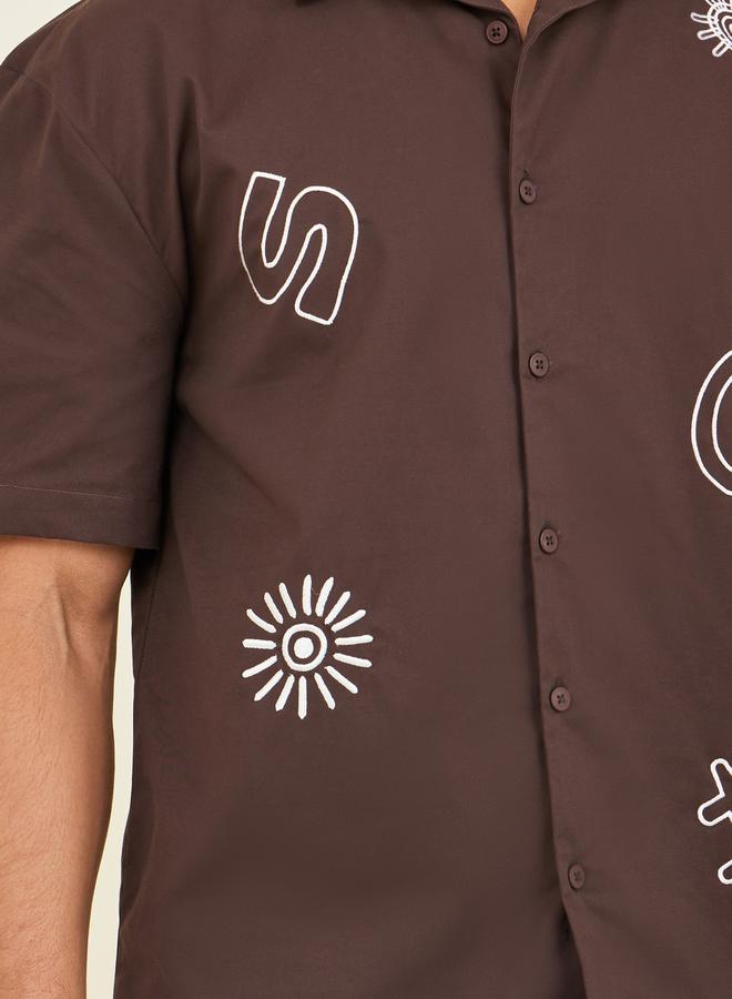 Styli Premium Cotton Slub Camp Collar Embroidered  Relaxed Shirt - Image 4