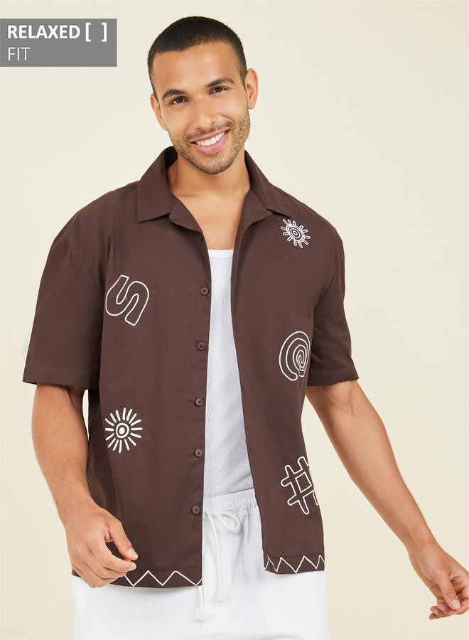 Styli Premium Cotton Slub Camp Collar Embroidered  Relaxed Shirt - Image 1