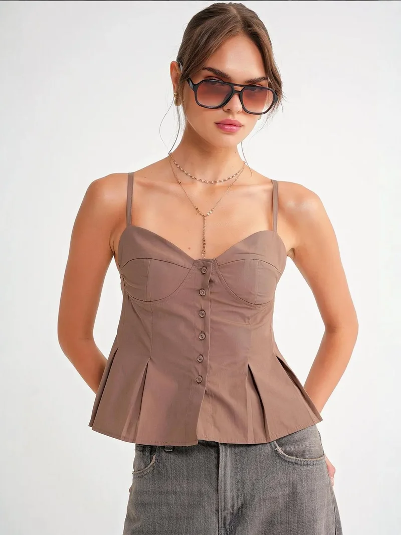 MixRay Sweetheart Neck Button-Front Peplum Cami Top
