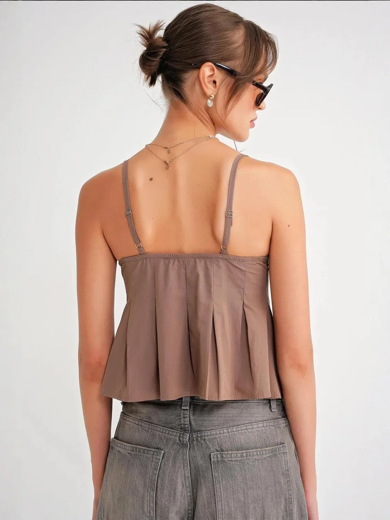 Mixray Mocha Brown Sweetheart Neck Button-Front Peplum Cami Top for Women | Best Price UAE