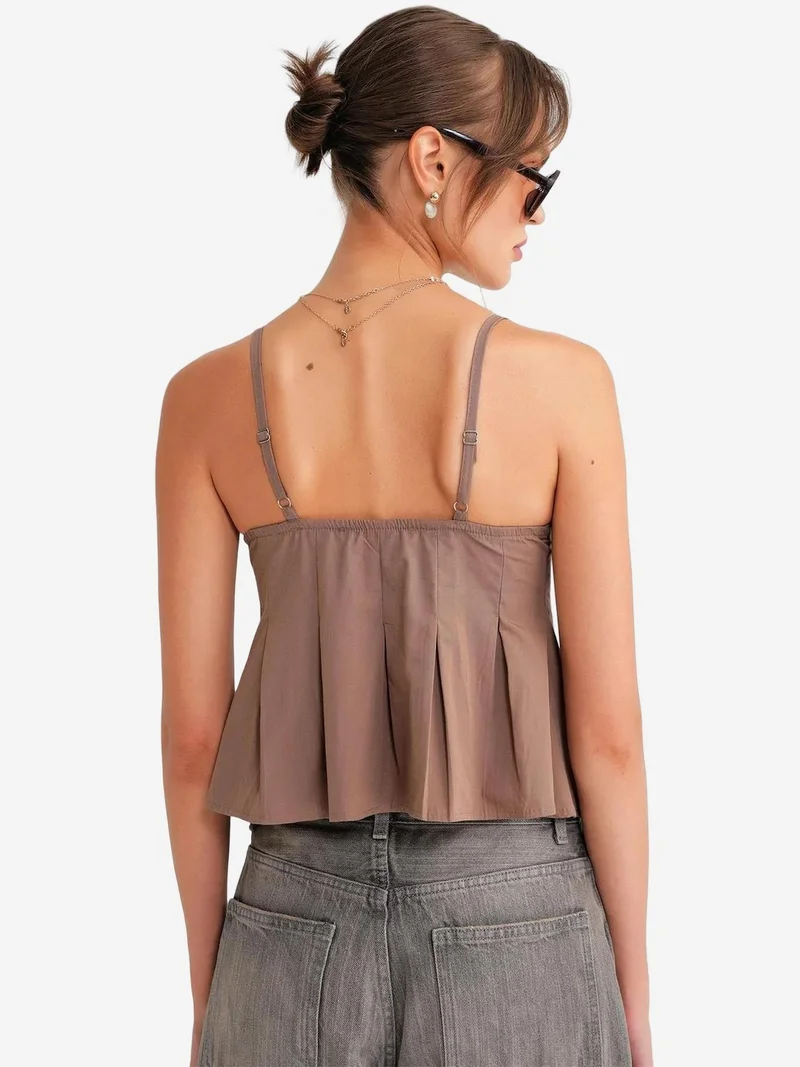 Mixray Mocha Brown Sweetheart Neck Button-Front Peplum Cami Top for Women | Best Price UAE