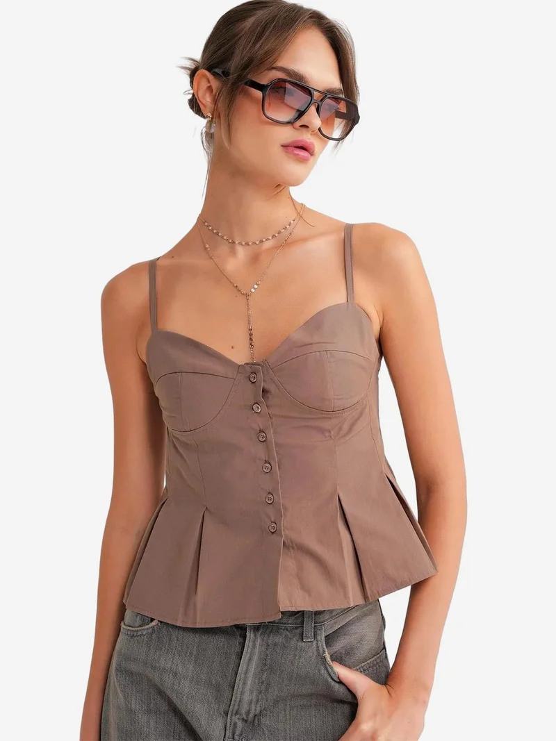 Mixray Mocha Brown Sweetheart Neck Button-Front Peplum Cami Top for Women | Best Price UAE