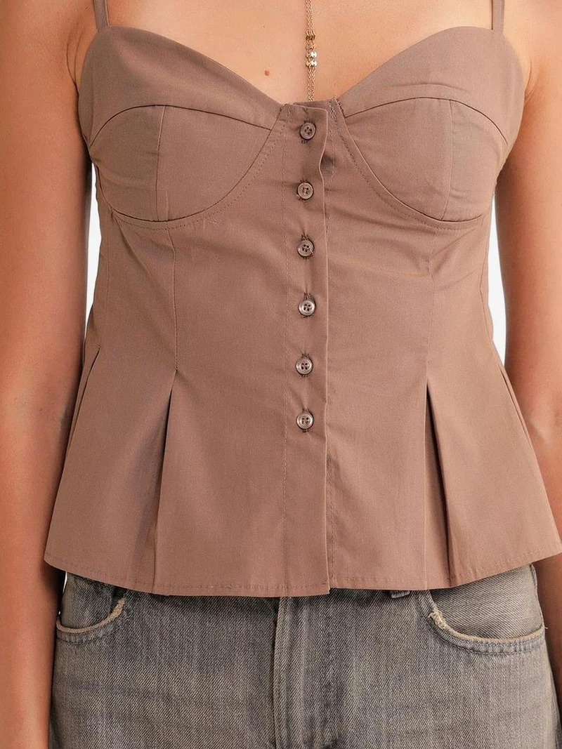 Mixray Mocha Brown Sweetheart Neck Button-Front Peplum Cami Top for Women | Best Price UAE