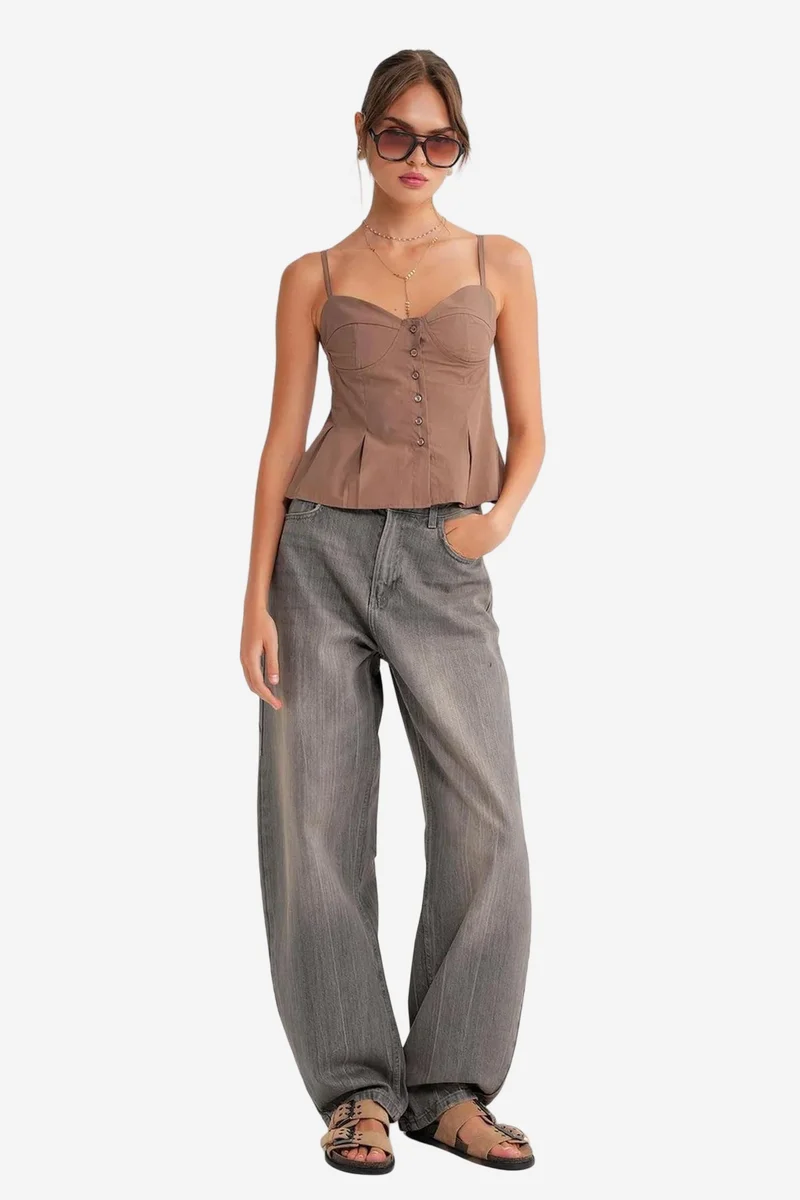 Mixray Sweetheart Neck Button-Front Peplum Cami Top