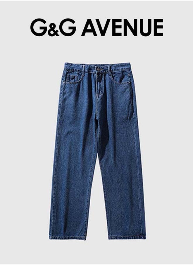 G&G AVENUE - Straight leg jeans, spring and autumn Men's high waisted hip-hop jeans, loose spring and autumn long jeans, dark blue straight leg loose jeans - Image 1