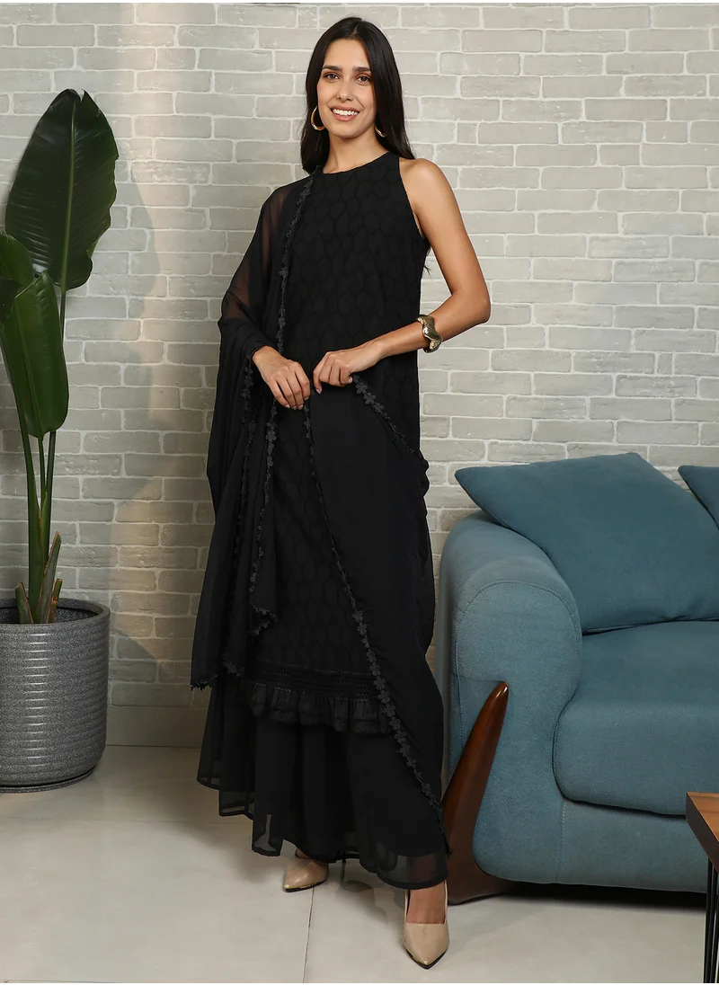 QISSA Qissa Women's Midnight Black Ditsy Floral Kurta Set For Casual Wear | Halter Neck | Sleeveless | 2 Piece Kurta Set Designed With Comfort Fit For Everyday Ethnic Wear