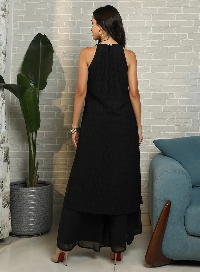 QISSA Qissa Women's Midnight Black Ditsy Floral Kurta Set For Casual Wear | Halter Neck | Sleeveless | 2 Piece Kurta Set Designed With Comfort Fit For Everyday Ethnic Wear