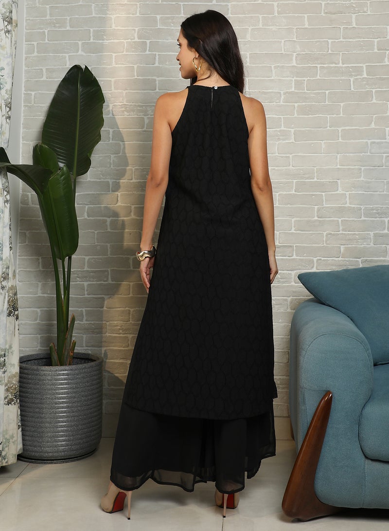 QISSA Qissa Women's Midnight Black Ditsy Floral Kurta Set For Casual Wear | Halter Neck | Sleeveless | 2 Piece Kurta Set Designed With Comfort Fit For Everyday Ethnic Wear  - Image 5