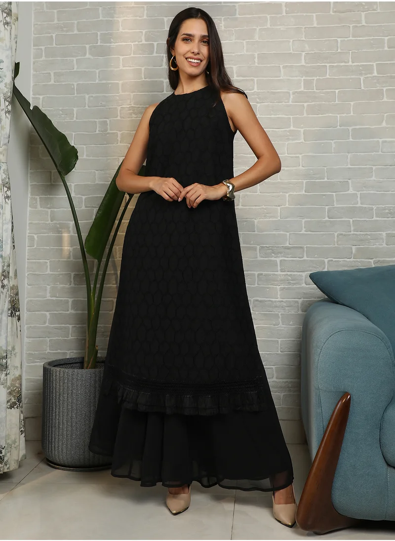 QISSA Qissa Women's Midnight Black Ditsy Floral Kurta Set For Casual Wear | Halter Neck | Sleeveless | 2 Piece Kurta Set Designed With Comfort Fit For Everyday Ethnic Wear