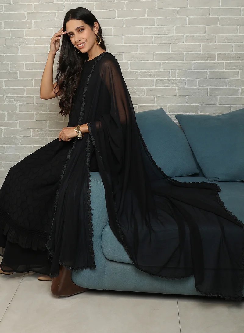 QISSA Qissa Women's Midnight Black Ditsy Floral Kurta Set For Casual Wear | Halter Neck | Sleeveless | 2 Piece Kurta Set Designed With Comfort Fit For Everyday Ethnic Wear