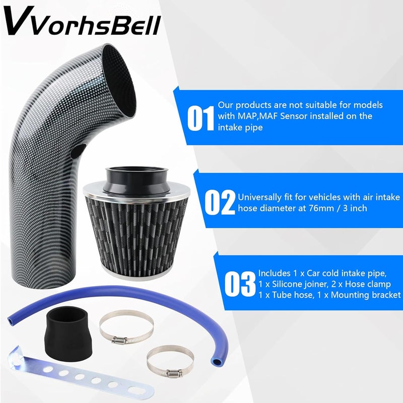 VVORHSBELL طقم فلتر هواء بارد عالمي، نظام خرطوم أنبوب سحب عالي التدفق 76 مم/3 بوصة مع أنبوب من سبائك الألومنيوم (نمط كربون) - Image 4