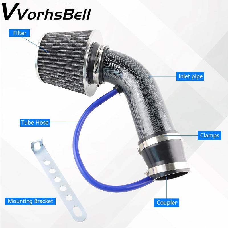 VVORHSBELL طقم فلتر هواء بارد عالمي، نظام خرطوم أنبوب سحب عالي التدفق 76 مم/3 بوصة مع أنبوب من سبائك الألومنيوم (نمط كربون) - Image 2