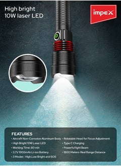 Impex Rechargeable LED Flashlight | 10W Laser LED | 500 Lumens | 1800m Range | 3 Modes (High, Low, SOS) | Aircraft Non-Corrosive Aluminum Body | Type C Charging | Rotatable Head | Powerful Light Beam  - Image 3