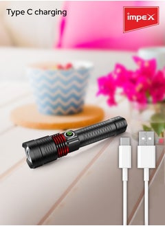 Impex Rechargeable LED Flashlight | 10W Laser LED | 500 Lumens | 1800m Range | 3 Modes (High, Low, SOS) | Aircraft Non-Corrosive Aluminum Body | Type C Charging | Rotatable Head | Powerful Light Beam  - Image 5