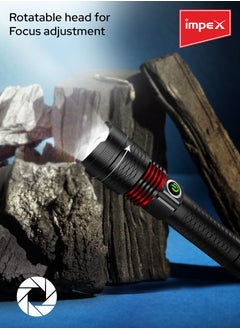 Impex Rechargeable LED Flashlight | 10W Laser LED | 500 Lumens | 1800m Range | 3 Modes (High, Low, SOS) | Aircraft Non-Corrosive Aluminum Body | Type C Charging | Rotatable Head | Powerful Light Beam  - Image 4
