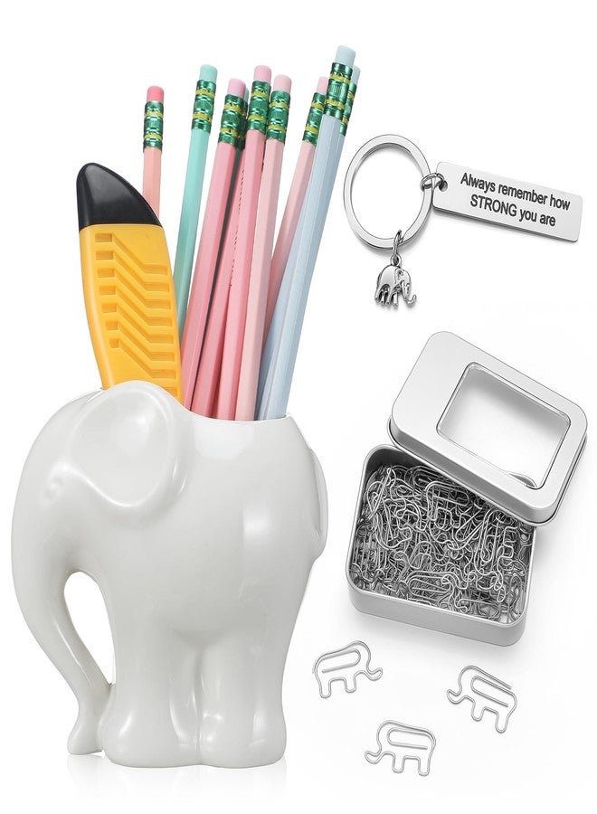 Skyygemm 3 Pcs Elephant Gift Set Includes Elephant Pen Pencil Holder, Paper Clips Bookmarks and Inspiration Keychain Set for Woman Teacher Friends Mom - Image 1